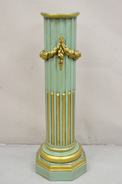 Italian Neoclassical French Empire Green & Gold Painted Wooden Column Pedestal