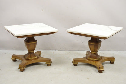 Vintage Low Marble Top Empire Style Pedestal Side Tables by Imperial - a Pair