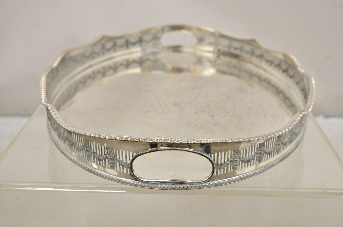 English Sheffield William Adams Silver Plated Pierced Drape Gallery Oval Tray
