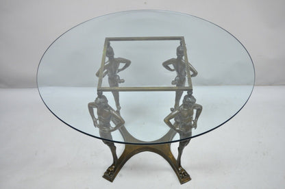 20th C. Cast Bronze Satyr Figural Pedestal Base Glass Top Dining Center Table