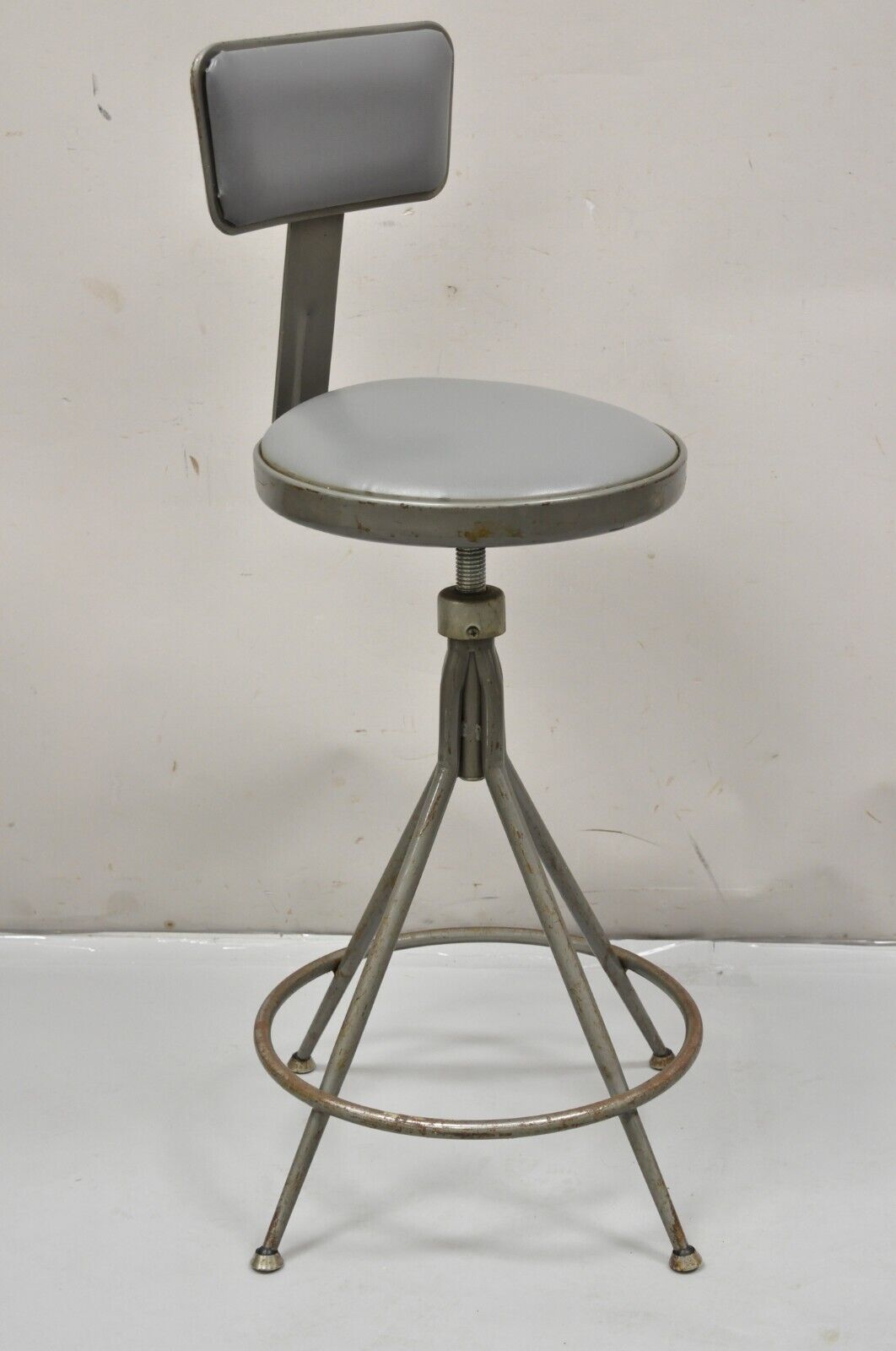 Vintage Industrial Gray Steel Metal Adjustable Drafting Stool Work Chair