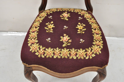 Victorian Burgundy Floral Needlepoint Carved Mahogany Balloon Back Side Chair