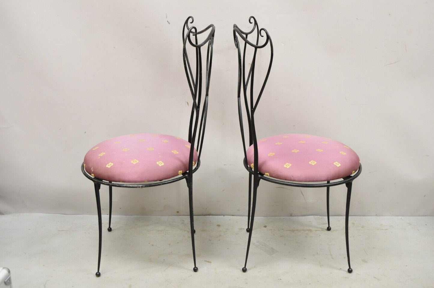 Pair Vtg Salterini Style Mid Century Modern Wrought Iron Scrolling Side Chairs