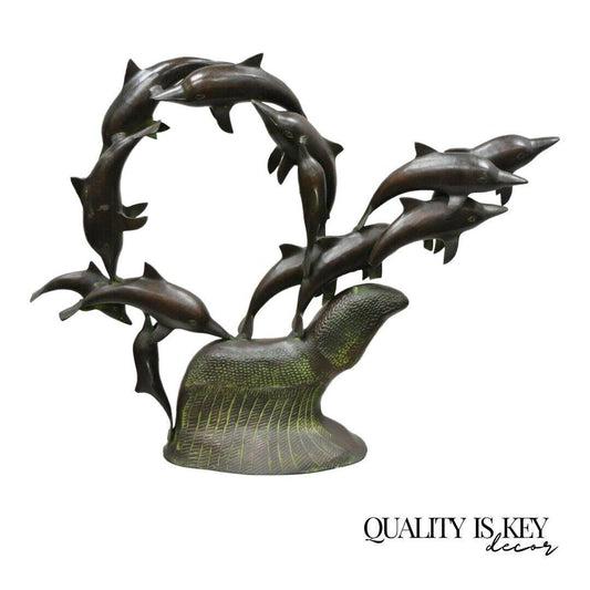 Bronze 26" Nature 13 Dolphins at Play Statue Sculpture Green Verdigris Figure