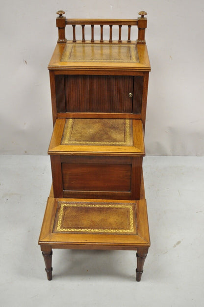 Antique English Regency Leather Top 3 Tier Side Table with Hidden Storage