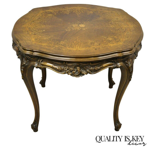 Vintage French Louis XV Floral Satinwood Inlay Round Walnut Coffee Table Table