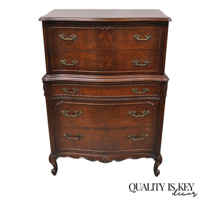 Vintage French Provincial Style Walnut Tall Chest Dresser Highboy Chest on Chest