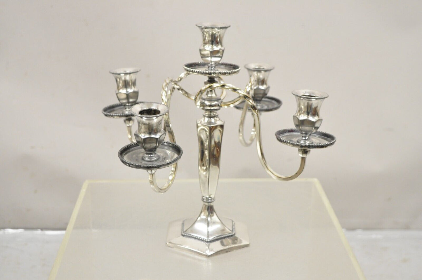 Antique Wilcox Silverplate Co 2796 Silver Plated 4 Arm Victorian Candlestick