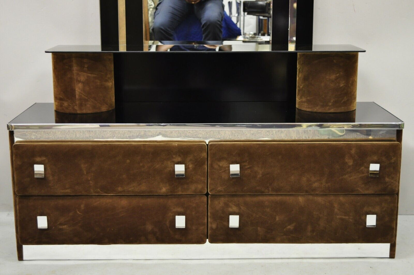 Vintage Art Deco Style Brown Upholstered Vanity Dressing Table Stand with Mirror