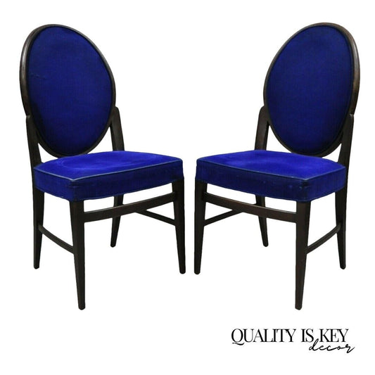 French Art Deco Oval Upholstered Back Mahogany Frame Blue Dining Chairs - a Pair