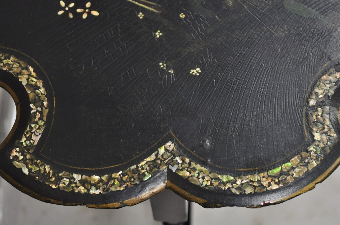 Victorian Black Ebonized Bird Painted Folding Side Table Mother of Pearl Inlay