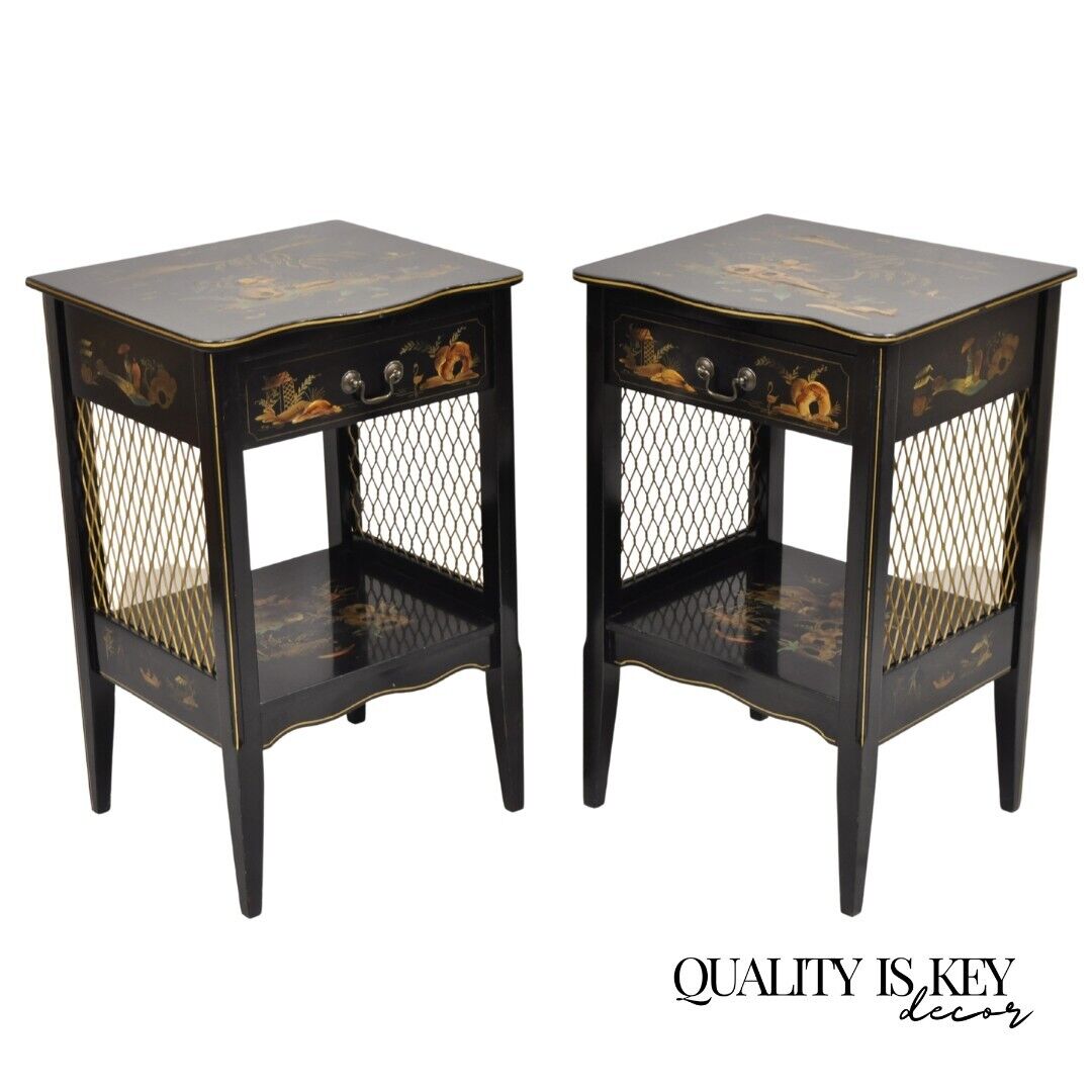 Katherine Henick Chinoiserie Chinese Black Hand Painted Nightstands - a Pair