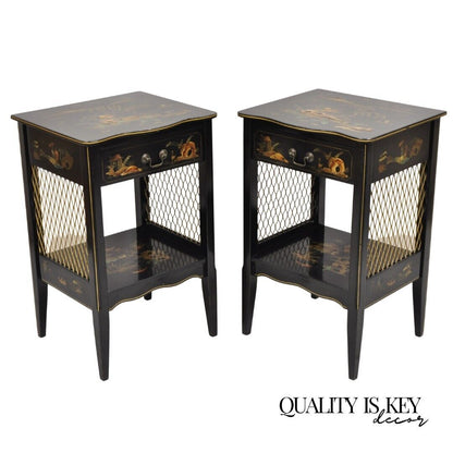 Katherine Henick Chinoiserie Chinese Black Hand Painted Nightstands - a Pair