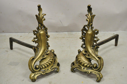 Antique French Rococo Baroque Style Brass Leafy Acanthus Andirons - a Pair