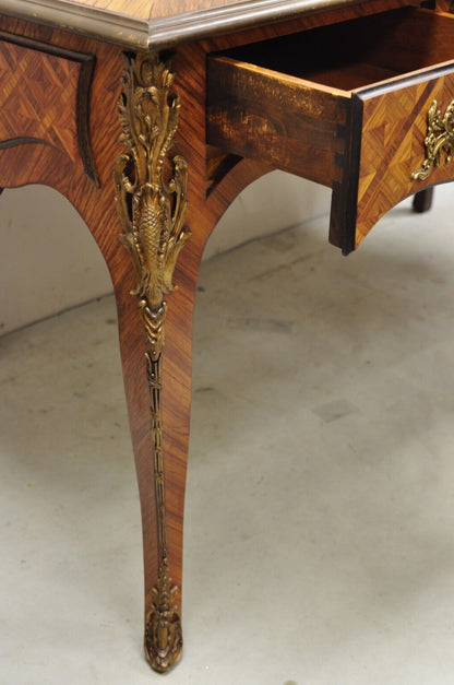 French Louis XV Italian Bronze Figural Ormolu Brown Leather Top Desk Bureau Plat