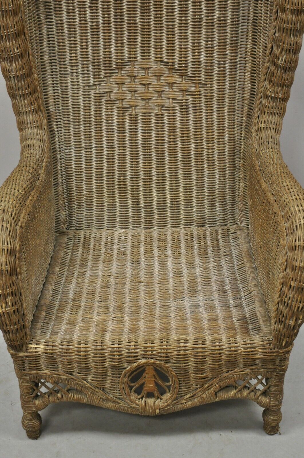 Large Woven Wicker Rattan Victorian Style Wingback Lounge Arm Chair