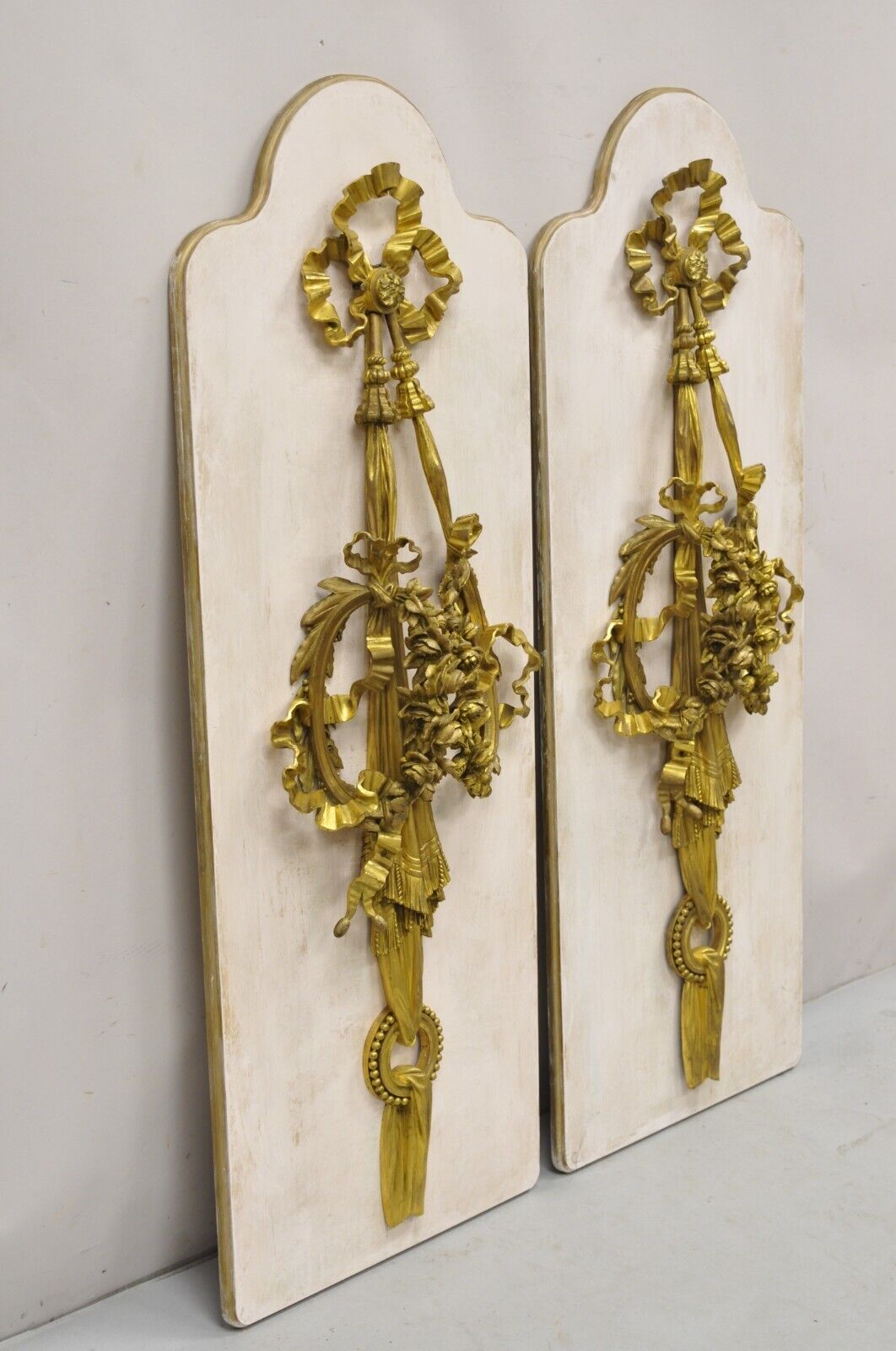 French Louis XV Gold Gilt Bronze Ribbon Drape Large Wall Plaque Sconces - a Pair