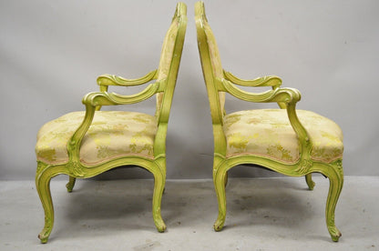 Italian Rococo Hollywood Regency Green Painted Fireside Lounge Arm Chairs - Pair