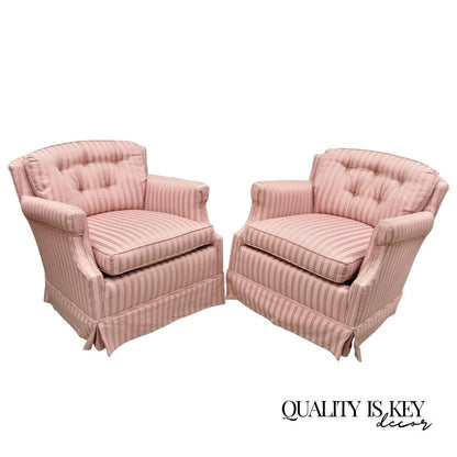 Pair Vintage Custom Pink Candy Stripe Upholstered Swivel Tilt Club Lounge Chairs