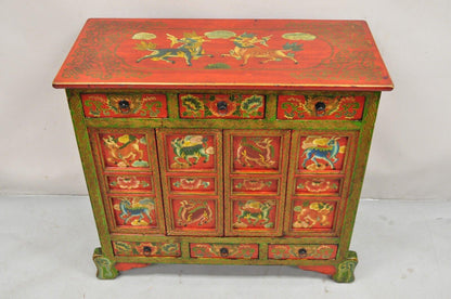 Tibetan Red and Green Hand Painted Wooden Buffet Cabinet Chest w/ Horse & Dragon