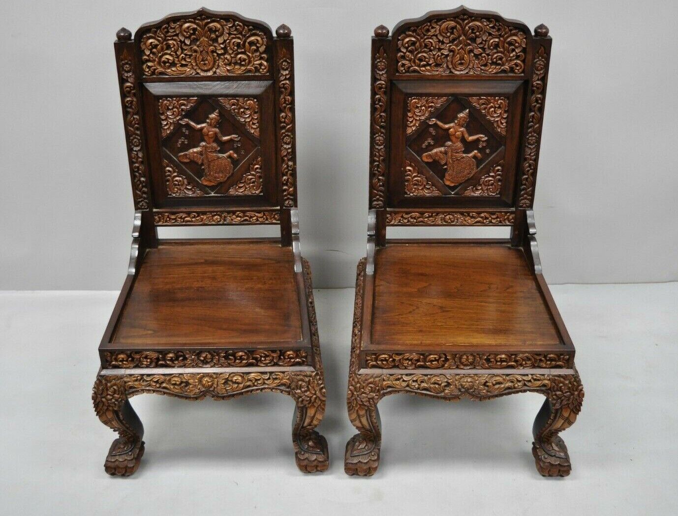 Hand Carved Thai Oriental Teak Wood Dining Chairs Dancing Female Figure - a Pair