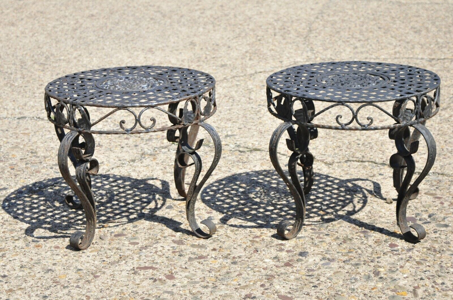 French Art Nouveau Style Wrought Iron Lattice Top Round Side Tables - a Pair