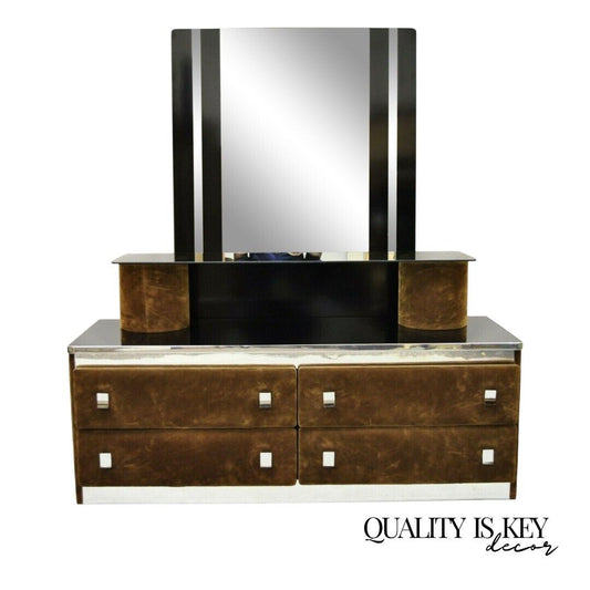 Vintage Art Deco Style Brown Upholstered Vanity Dressing Table Stand with Mirror