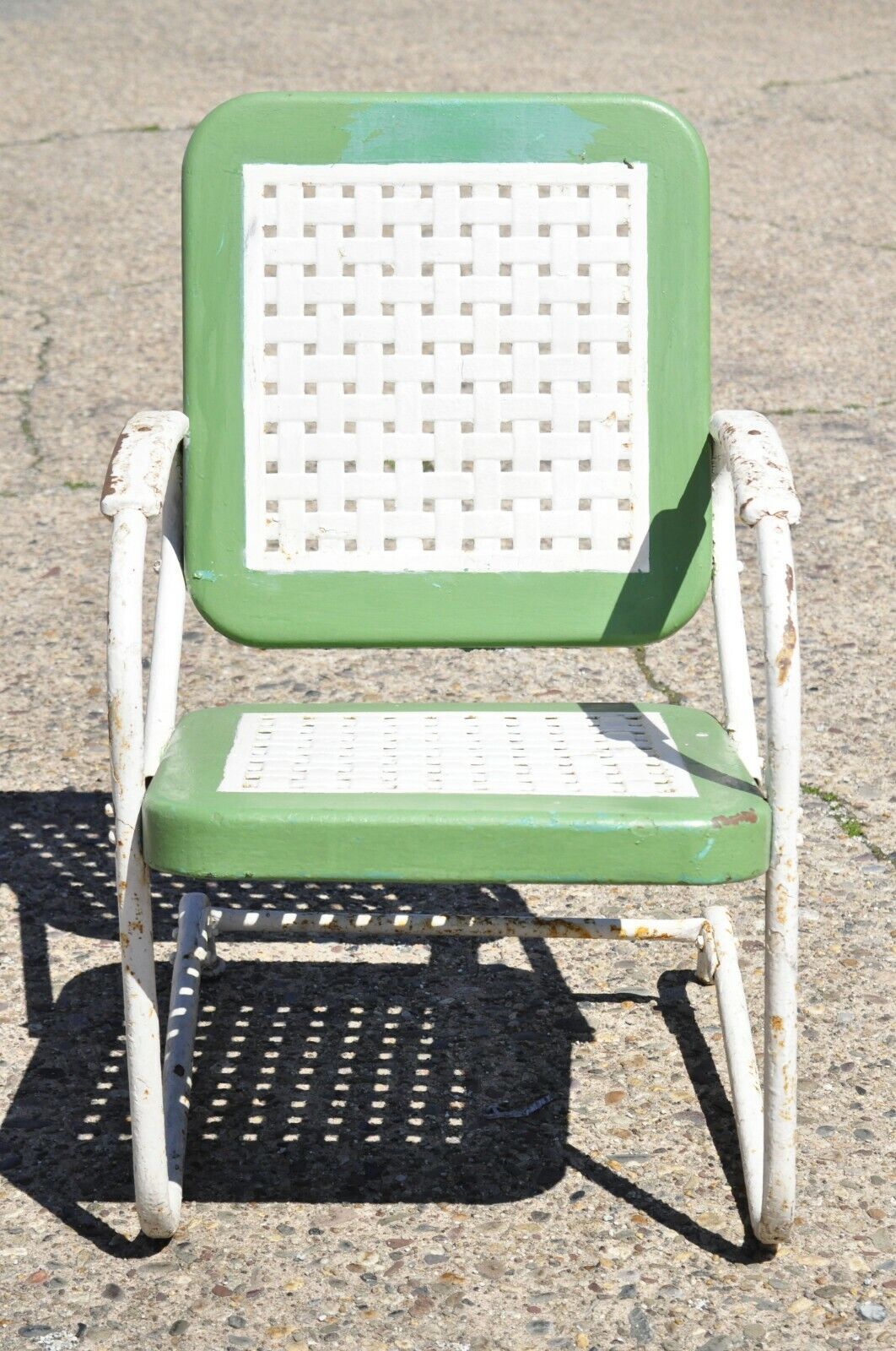 Art Deco Metal Basketweave Old Green White Porch Outdoor Spring Arm Chair