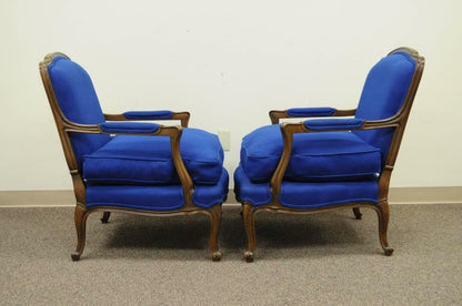 Pair Baker Furniture Provincial French Country Louis XV Blue Bergere Arm Chairs