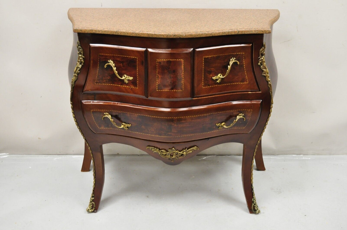 Vintage French Louis XV Style Marble Top Bombe Chest Dresser Commode