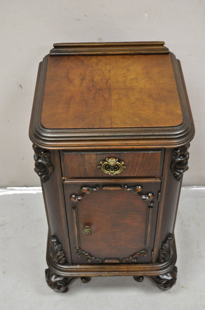 Antique Carved Walnut Renaissance Revival Depression Nightstand Bedside Table