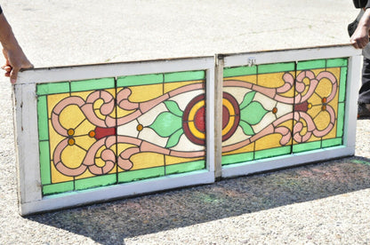 Victorian Leaded Stained Glass Pink Green Red Orange Windows w/ Jewels - a Pair