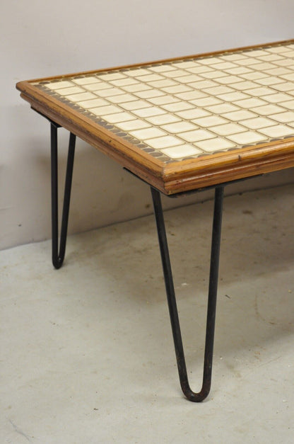 Vintage Mid Century Modern Beige Tile Top 51" Coffee Table w/ Iron Hairpin Legs