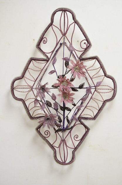 French Victorian Glass Beaded Purple Flower Casket Wreath Wall Sculpture (B)