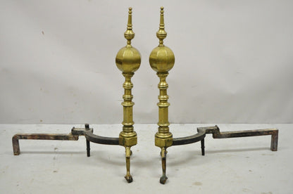 Antique Federal Faceted Brass Cannonball Branch Feet Cast Iron Andirons - a Pair