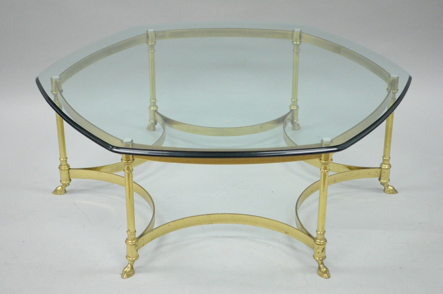 Vintage Labarge Brass Hoof Foot Hollywood Regency Hexagonal Glass Coffee Table