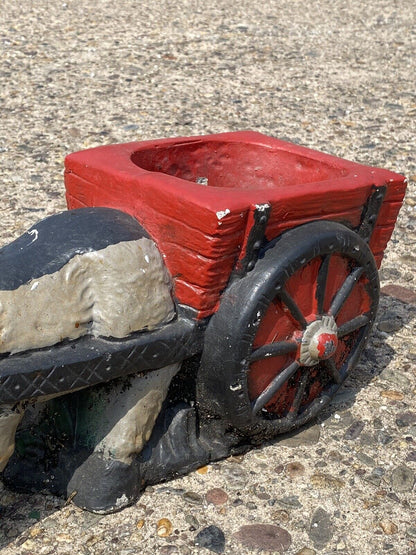 Vintage Small Figural Donkey Pulling Wagon Cart Cement Garden Planter Pot