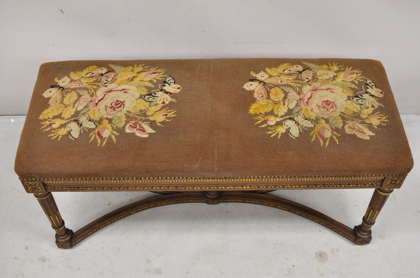 Antique French Louis XVI Style Victorian Carved Walnut 42" Needlepoint Bench