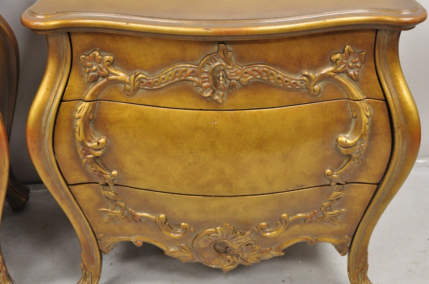 Vintage French Rococo Baroque Style Gold Gilt Bombe Nightstands -  a Pair