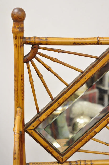 19th C English Victorian Bamboo Stick and Ball Curio Shelf Etagere w/ Mirror