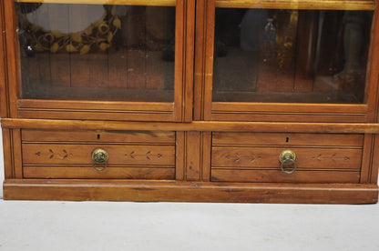 Antique Eastlake Victorian Chestnut 2 Door Bookcase China Cabinet with Drawers