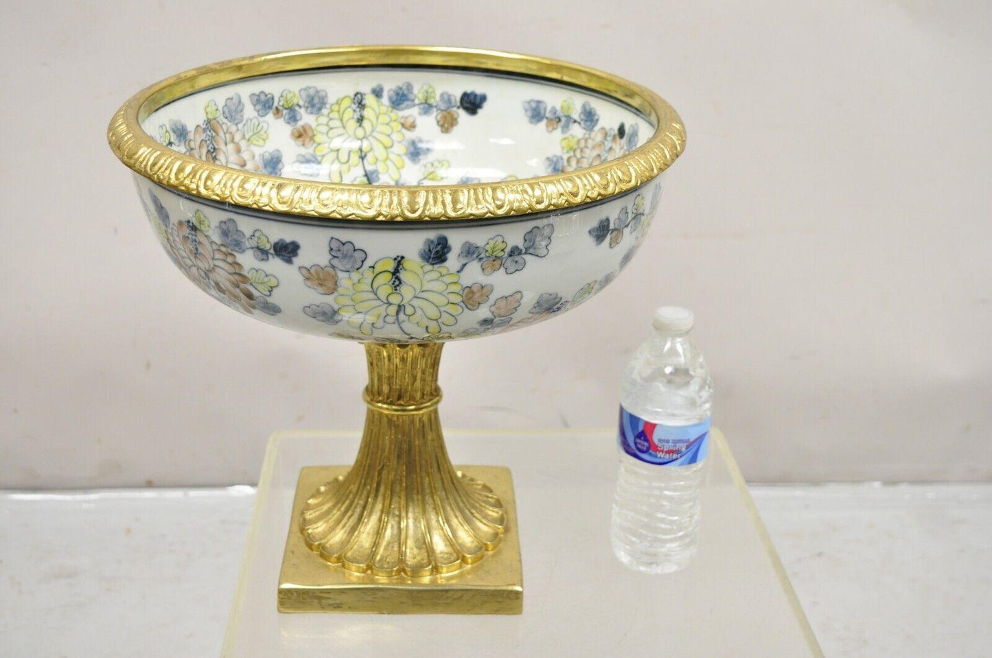 Maitland Smith Porcelain Brass Bronze Pedestal Fruit Bowl Jardiniere Centerpiece