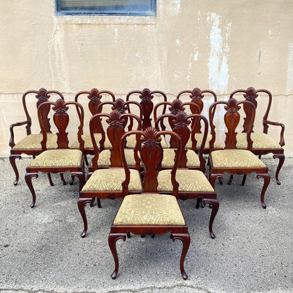 Queen Anne Style Solid Mahogany Carved Fan T-Back Dining Chairs- Set of 12