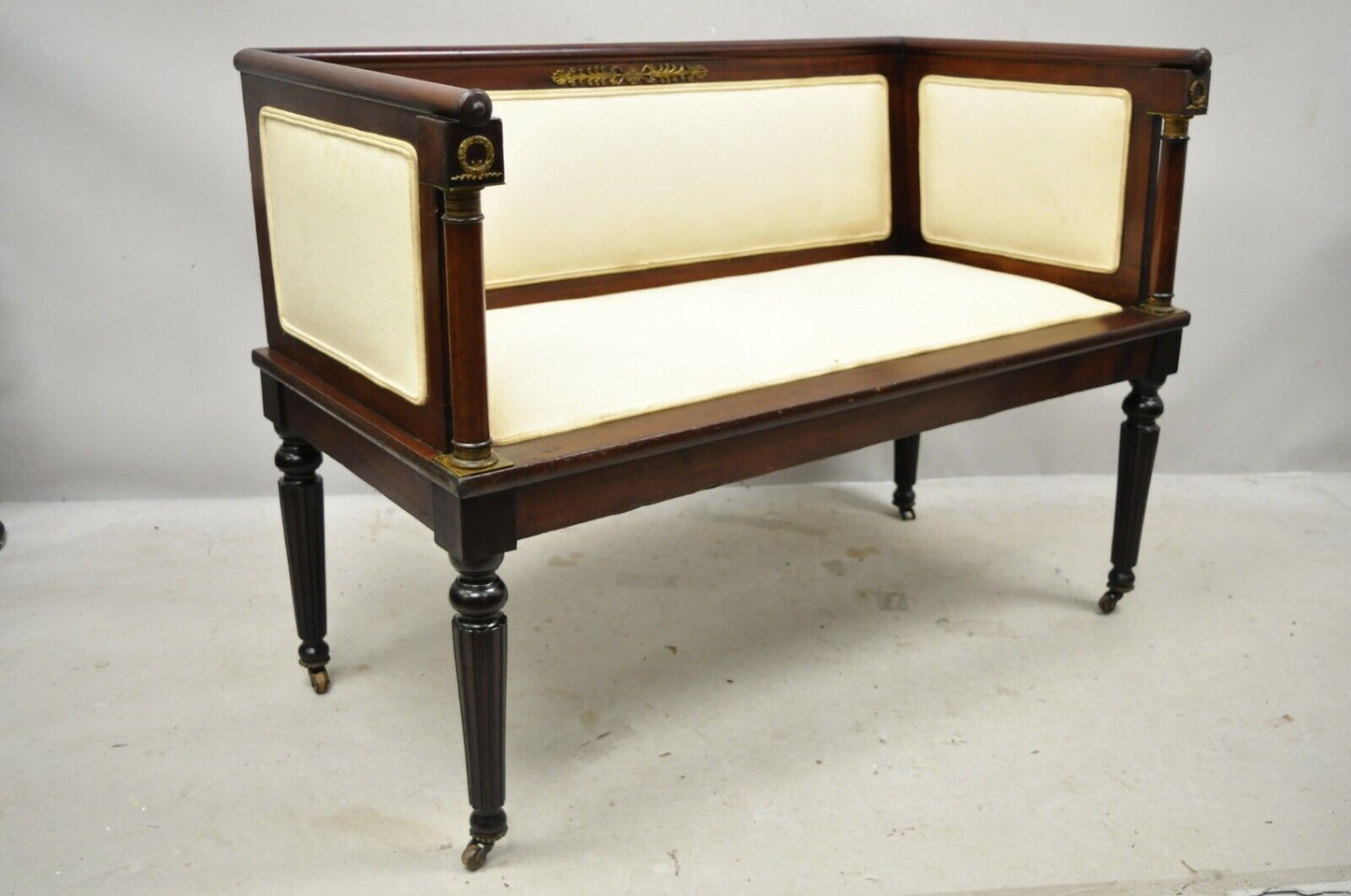 Antique French Empire Mahogany Bench Settee with Bronze Ormolu and Even Arms