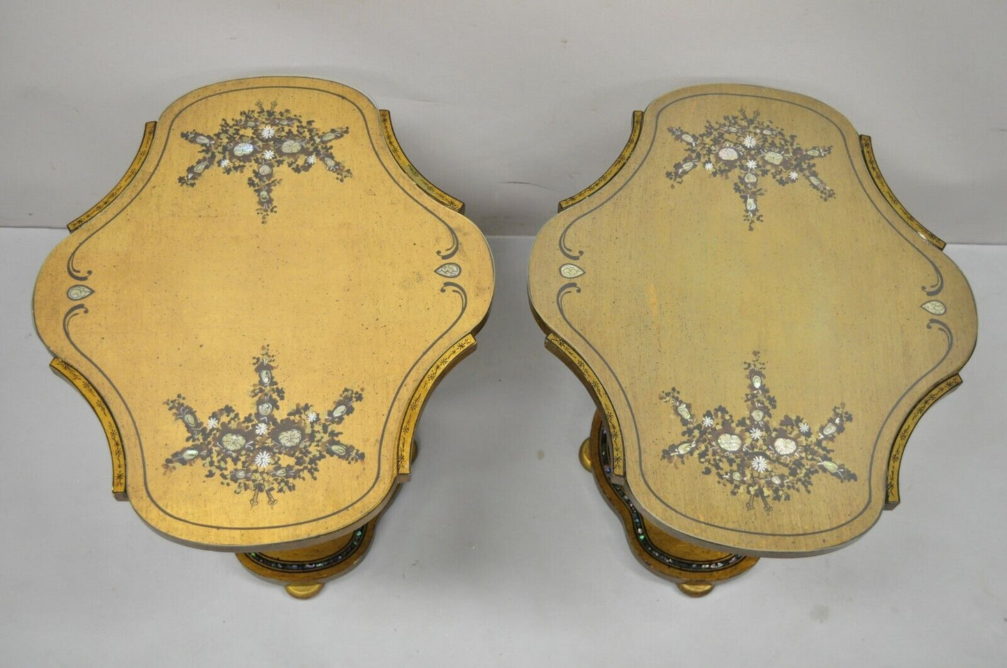 Mediterranean Gold Leaf Low Pedestal Side Tables Mother of Pearl Inlay - a Pair