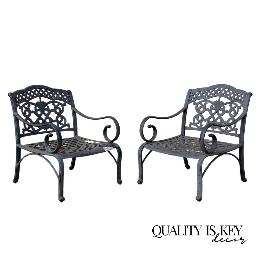 Cast Aluminum Mediterranean Tuscan Scrolling Garden Patio Club Chairs - a Pair