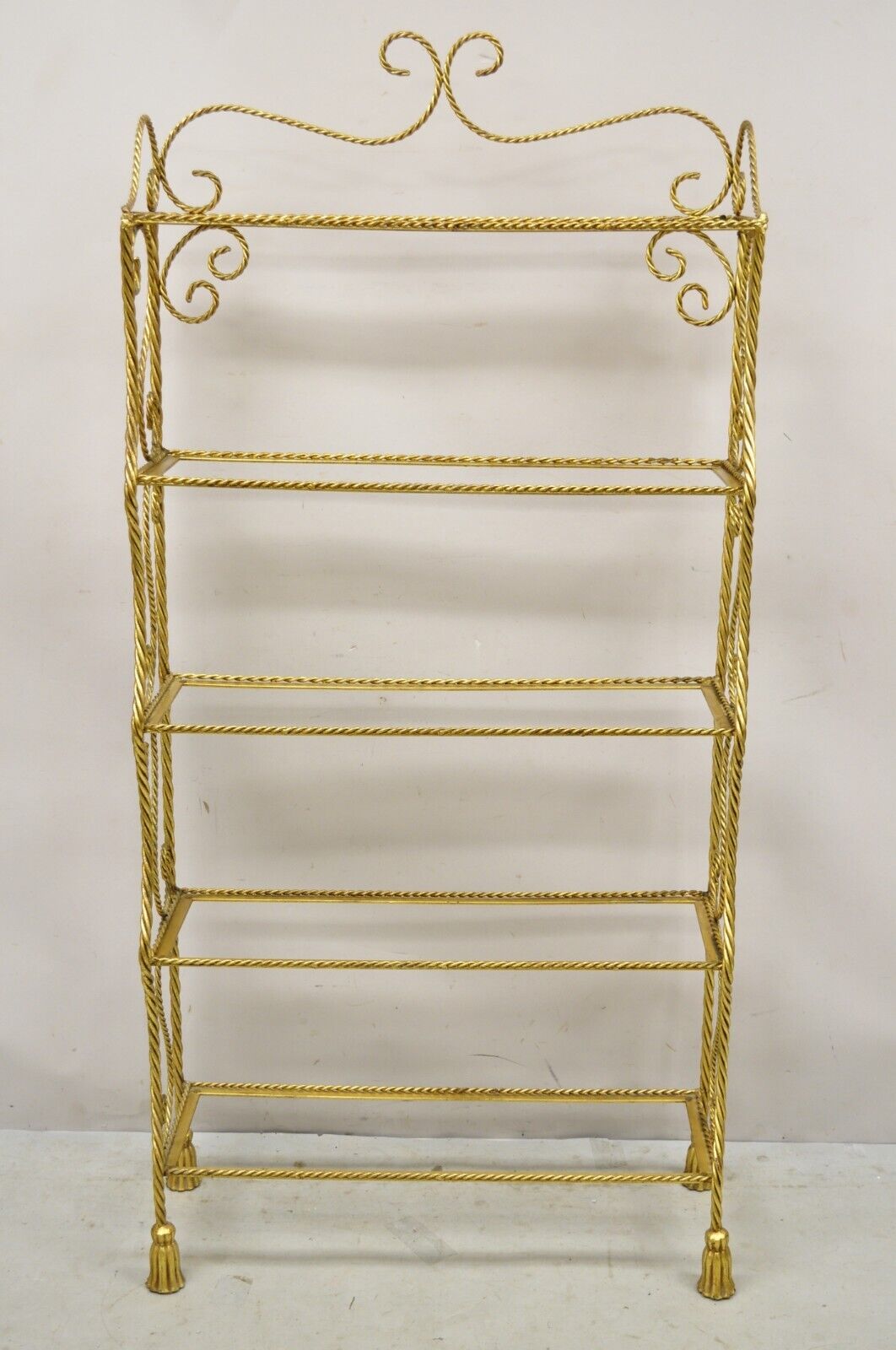 Italian Hollywood Regency Gold Gilt Iron 5 Tier Rope Tassel Etagere Shelf Stand