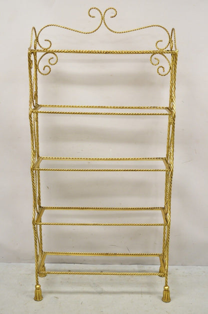 Italian Hollywood Regency Gold Gilt Iron 5 Tier Rope Tassel Etagere Shelf Stand