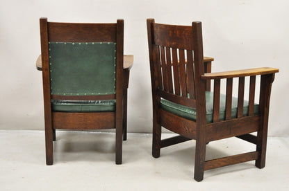 Mission Oak Arts & Crafts Stickley JM Young Style Lounge Arm Chairs Green - Pair