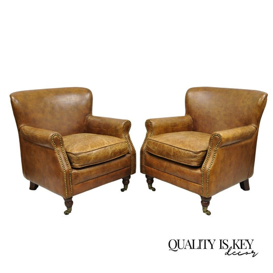 Pair English Brown Cigar Leather Regency Ralph Lauren Style Club Lounge Chairs